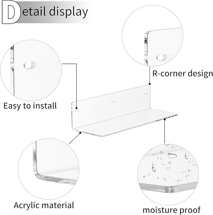 Sezanrpt 12 Inches Clear Wall Shelves, Moisture-Proof, Acrylic Bathroom Wall Shelves, Clear Floating Shelves for Bathroom, Bedroom, Living Room, Retail, 2 Pack