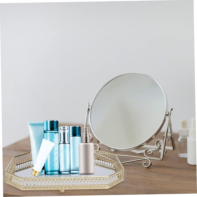 Garneck Nordic Style Mirror Jewelry Storage Tray Glass Makeup Organizer Polygonal Metal Plate Decorative Cosmetics Display for Home Decor