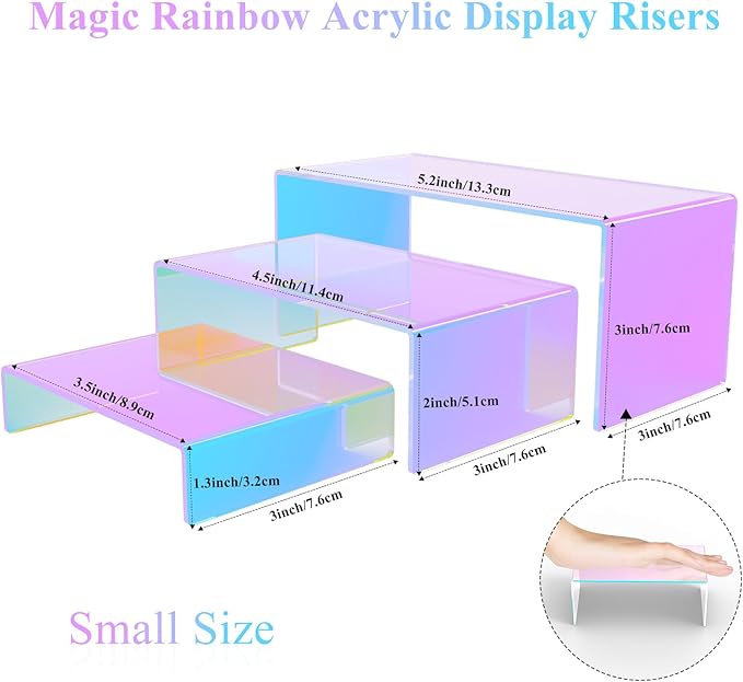 12 PCs Iridscent Risers Display Stands 3 Tiers Desktop Acrylic Shelves Small Cake Dessert Holder Products Stand for Collectibles Shoes Jewels Pop Figure (Iridescent2)