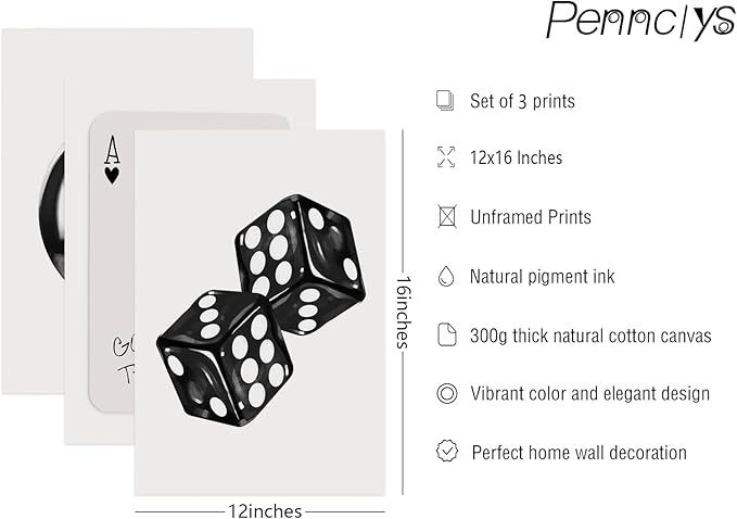 Black White Aesthetic Wall Art Decor 8 Ball Canvas Poster Y2k Cool Dice Pictures Black White Room Decor Trendy Poker Poster Prints Retro Painting Artwork for Apartment Dorm 12x16 Inch Unframed 3Pcs
