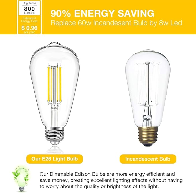 DAYBETTER 4 Pack Vintage LED Edison Bulbs, E26 Led Bulb 60W Equivalent, Dimmable Led Light Bulbs, High Brightness 800 LM Warm White 2700K, ST58 Antique LED Filament Bulbs, Clear Glass Style for Home