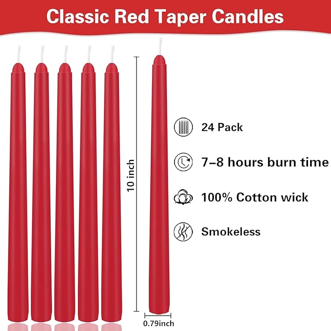 YOROXRG 24 Pack Red Taper Candles, 7-8 Hours Burn Time, Unscented, Smokeless and Dripless, 0.75 x 10 Inch Dinner Candle Set for Christmas,Household, Wedding, Party and Home Décor Candlesticks