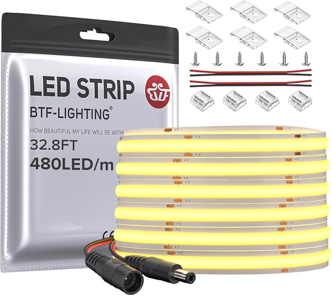 BTF-LIGHTING FCOB COB LED Strip Flexible High Density Uniform Light 9W/m 32.8FT DC24V Natural White 4000K 480LED/m CRI 90+ 8mm Width for Home Indoor Decor(No Adapter or Controller)