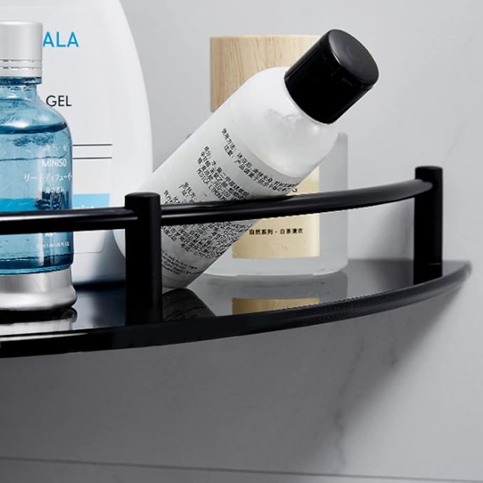 Bathroom Corner Shower Caddy, 9.5" Tempered Glass Bathroom Shelves for Wall Mounted, 2 Tier Glass Shower Caddy Organizer and Storage, Clear Corner Shelf wtih Black Rustproof Rail