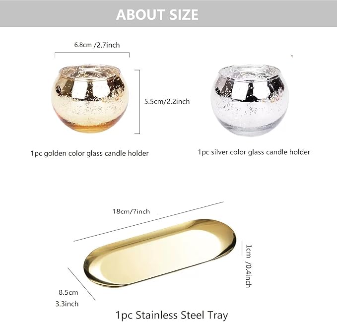 Glass Candle Holder with Golden Color Stainless Steel Tray Set, Glass Tea Light Candle Holder for Table Centerpiece, Candle Dish Coffee Table Decor Festival Home Decorations Jewelry Make Up Organizer