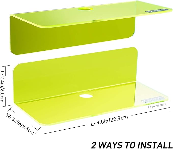 OAPRIRE 9 Inch Floating Wall Shelves Set of 2 - Personalize Expand Wall Space - Acrylic Small Wall Shelf for Bathroom, Bedroom, Living Room, Office, with Cable Clips - Clear Green