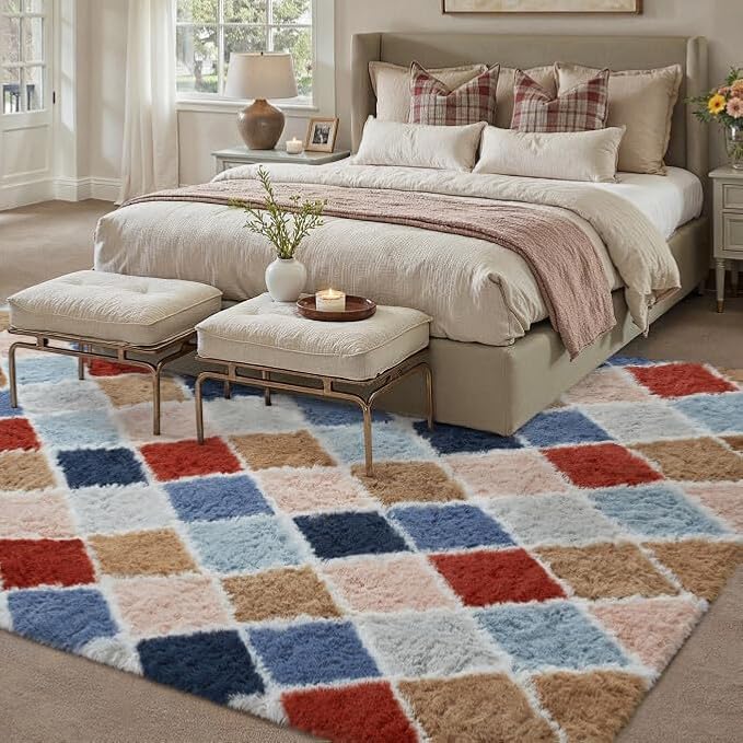 PureCozy 5x8 Checkered Rug for Bedroom Rainbow Modern Soft Area Rug Fluffy Non-Slip Carpet for Living Room Playroom Home Aesthetic Decor