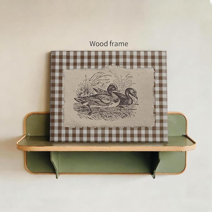 Nature Duck Animal Poster Vintage Brown Gingham Canvas Wall Art Rustic Cottagecore Pond Prints for Country Farmhouse Wall Decor 16X20 inch Wood Framed