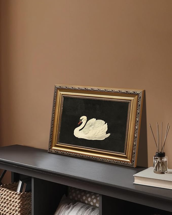 KBKBART Vintage Framed Wall Art for Living Room, White Swan Vintage Painting Canvas Wall Art Prints for Bathroom Wall Decor, Classical Gold Framed Animal Vintage Wall Decor Aesthetic for Bedroom, 12’’x16’’