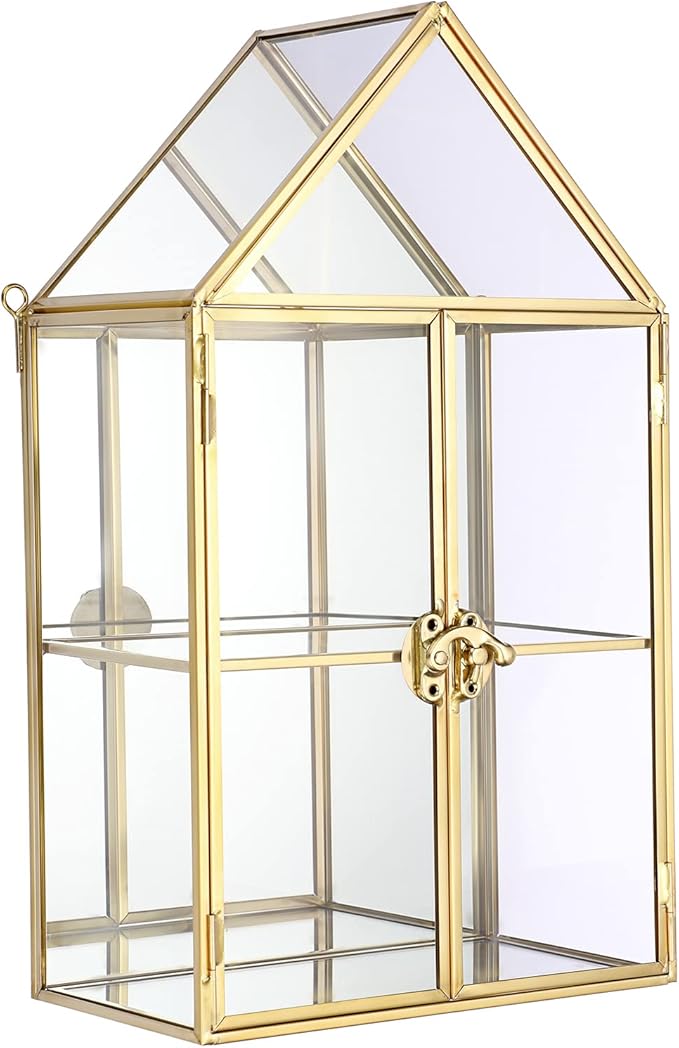 ELLDOO 2 Tier Clear Glass Storage Box, Gold Mirrored Jewelry Makeup Display Organizer Case, Decorative Tower box Storage for Trinket Perfume Lipstick Figure Statue Toy Display, House Shape