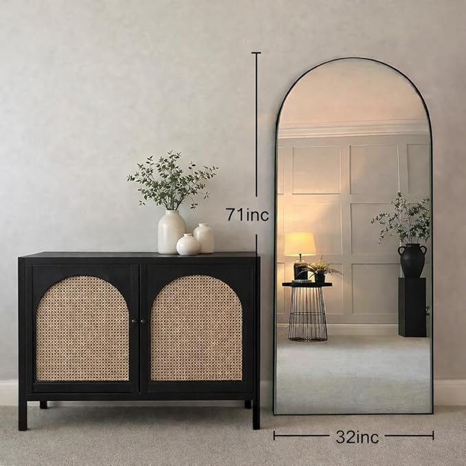 SUNQUEEN 71"×32" Mirror Full Length, Arched Full Length Mirror with Stand, Standing Floor Mirror Wall, Hanging or Leaning Large Full Body Mirrors for Bedroom Living Room (Black)