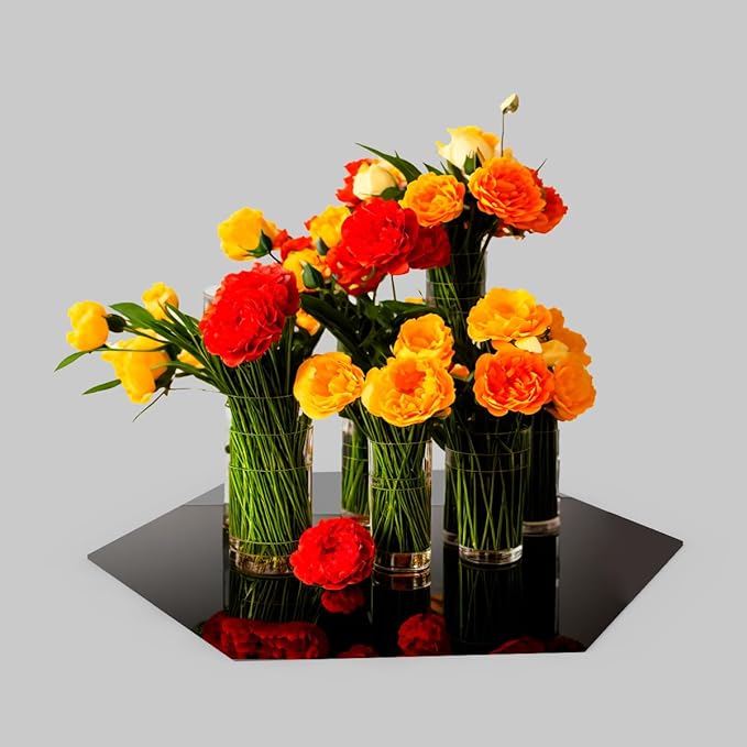 Black Hexagon Mirror Centerpieces for Tables, 10’’ Acrylic Peel and Stick Mirror Backsplash Acrylic Hexagon Centerpiece Plates for Wedding, Birthday Party, Christmas, Wall Decor 12 PCS