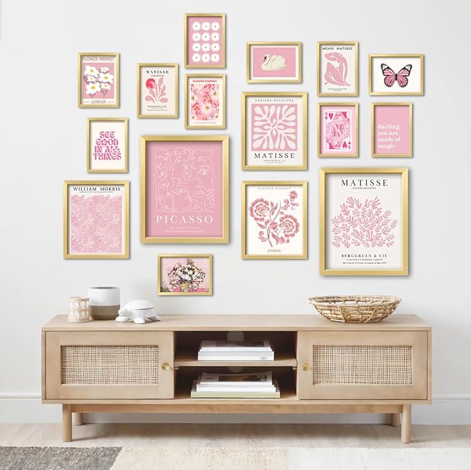 ANERZA 16 PCS Framed Pink Wall Art Decor, Matisse Wall Prints for Bedroom, Gallery Wall Frame Set, Minimalist Posters for Living Room Aesthetic, Collage Kit, Teen Girls Dorm Home Artwork