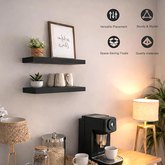 Floating Shelves for Wall, 24" Wall Mounted Shelves, Industrial Minimal Decor & Storage for Bathroom, Home Office, Living Room, Study, with Invisible Brackets, Set of 2, Black