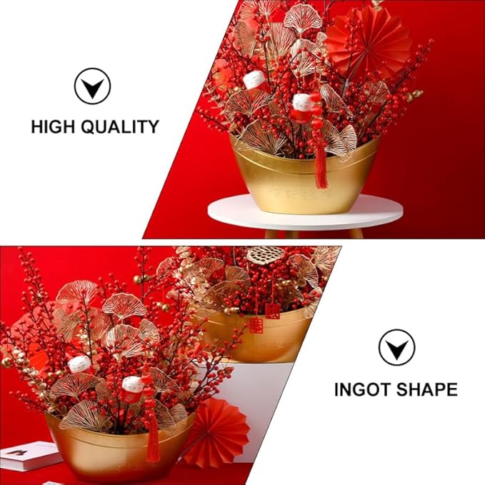 Yuanbaofu Bucket Golden Plastic Ingot Shape Wedding Housewarming Gift Storage Container Home Sundries Organizer New Year Flower Container Prosperity Basket 15.74X9.05X8.26In