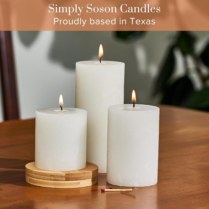 Simply Soson 3x4 inch White Pillar Candles Set of 3, Rustic Texture, Unscented White Candles, Dripless Candles, 3 inch Pillar Candles Ideal as Wedding, Parties, Spas, Dinner, Home Decoration, Church
