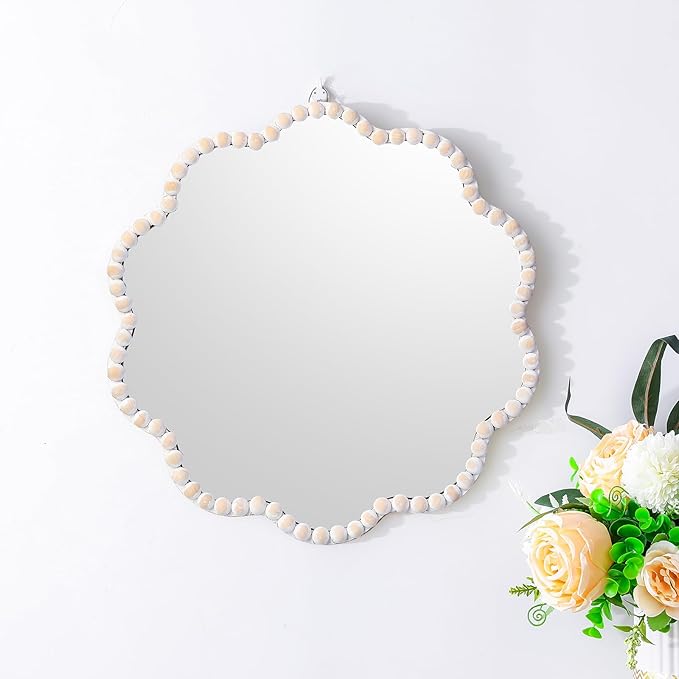 SWTHONY 15inch Small Boho Beaded Flower Mirror for Wall Decor, Cute Decorative Hanging Wooden Circle Nursery Mirrors for Girl Room, Bedroom, Livingroom