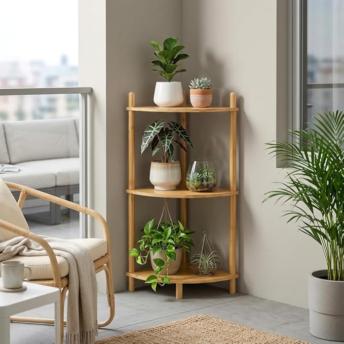 3-Tier Expandable Bamboo Corner Shelf Stand,Corner Bookshelf, Display Storage Shelves with Open Shelves, for Organization and Storage, Living Room, Home Office, Garage (1, Natural, 3-Tier)