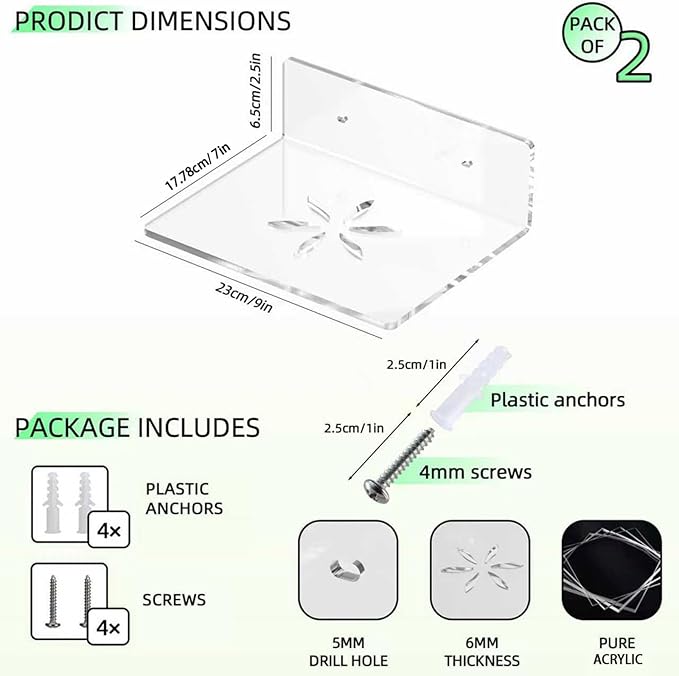 7x9 Inch Transparent Acrylic Shelf with Ventilated Base - Ideal for Routers, Speakers, Cameras & Small Electronic Devices Clean Floating Shelf for Wall Display,Living Room, Kitchen, Bathroom