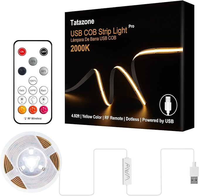 Tatazone 5V Yellow USB COB Led Strip Light with RF Remote, 4.92ft 2000K Dimmable USB Powered Amber COB Led Light Strip, Indoor COB Led Light for Cabinet, TV, Camping, Monitor, Showcase, Motorhome