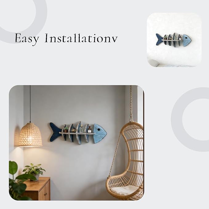 Rustic Wooden Fish Floating Shelf, Unique Fishing Decor Wall Mounted Organizer, Coastal Nautical Display Shelf for Lake House, Bathroom & Living Room