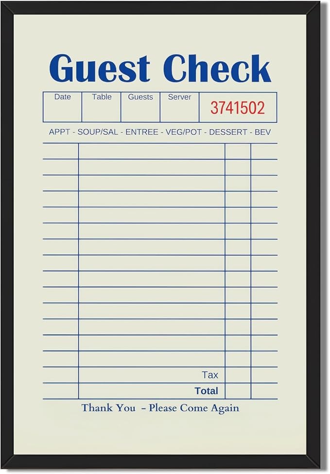 Licpach Blank Guest Check Kitchen Wall Art Retro Restaurant Blue Guest List Canvas Print Funny Quote Poster Trendy Minimal Receipt Sheet Painting for Dining Room Coffee Bar Decor 16x24inch Black Frame