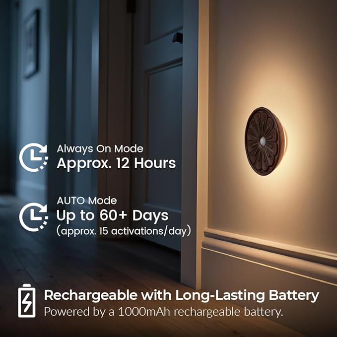 Wood Flower Motion Sensor Night Light, Mini Lamp with Embossed 3D Floral Surface, Rechargeable Warm Light, Stick-On Magnetic Mount for Home Decor, Bedroom, Hallway, Stair (Round Black Walnut *1Pack)