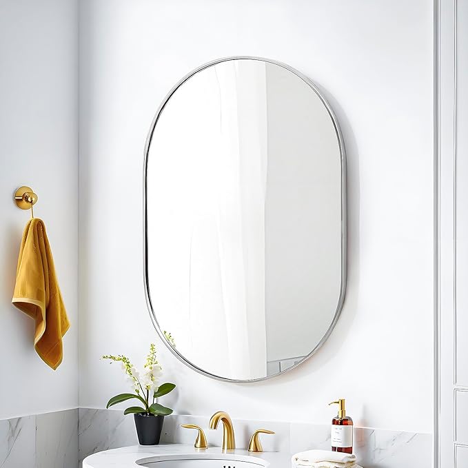 SCWF-GZ 30x20 Mirror Runway Oval Wall Mounted Aluminum Alloy Metal Frame Rectangle Mirrors for Entryway Bedroom Bathroom Living Room 30 20 inch Silver