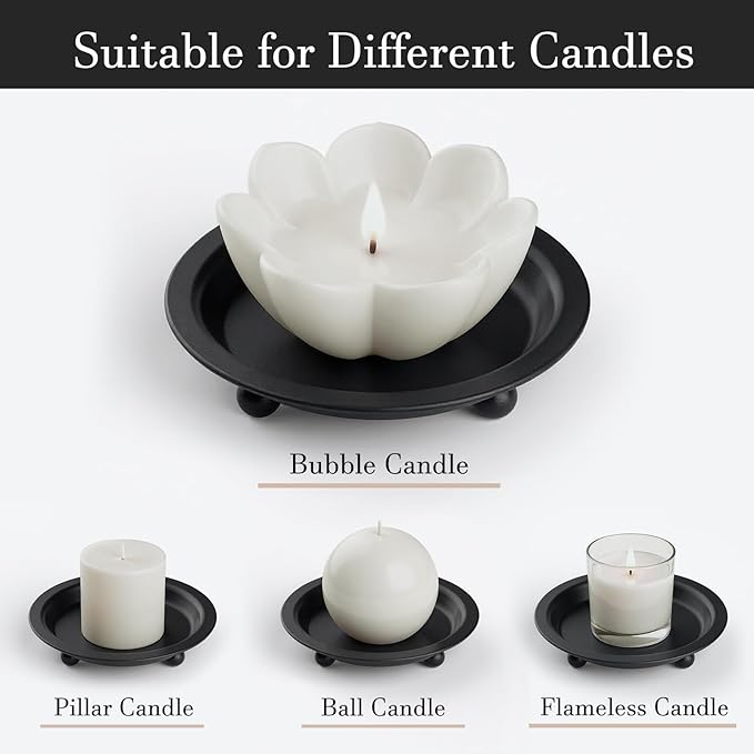 Black Candle Holder Decor, 4.13 Inch Round Candles Tray Holders Set of 4, Iron Plate Candle Stand for Pillar Ball Candles, Metal Porta Velas for Wedding Home Decor Table Centerpiece