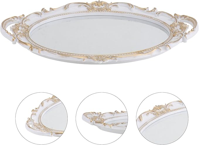Vintage Decorative Mirror Tray Oval White Retro Jewelry Perfume Storage Plate European Style Makeup Organizer Photo Prop for Home Décor