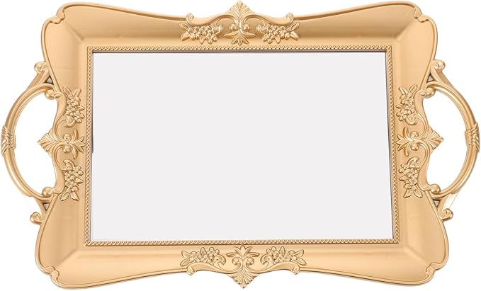 Rectangle Vintage Mirror Tray - Gold Embossed Flower Decorative Mirror Serving Tray for Vanity - Makeup and Jewelry Organizer for Dresser
