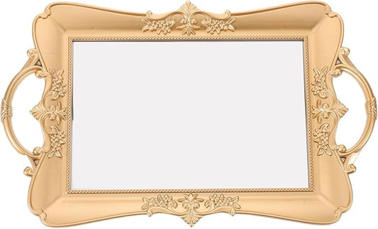 Gold Mirror Tray - Gold Embossed Antique Mirrored Vanity Tray for Dresser Decor, Display Makeup and Perfume - Ornate Organizer for Home Use