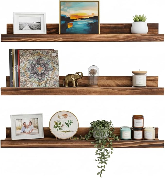 AZSKY 24 Inch Floating Shelves Set of 3 - Rustic Wood Picture Ledge Shelf for Home Storage Decor - Nursery Book Shelves, Wall Mounted Kids Bookshelf for Living Room, Bedroom, Photos & Vinyl Records
