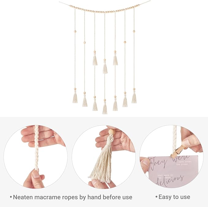 Mkono Macrame Hanging Photo Display Wall Decor with String Lights Boho Room Bedroom Wooden Beads Garland Picture Greeting Cards Holder with 30 Clips