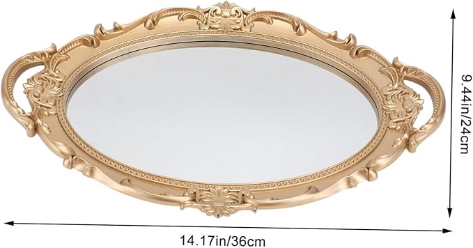 Generic Vintage Retro Mirror Tray Decorative Storage Plate for Jewelry and Perfume Elegant European Style Makeup Organizer Tray for Vanity and Dresser Delicate High-Texture Oval Mirror