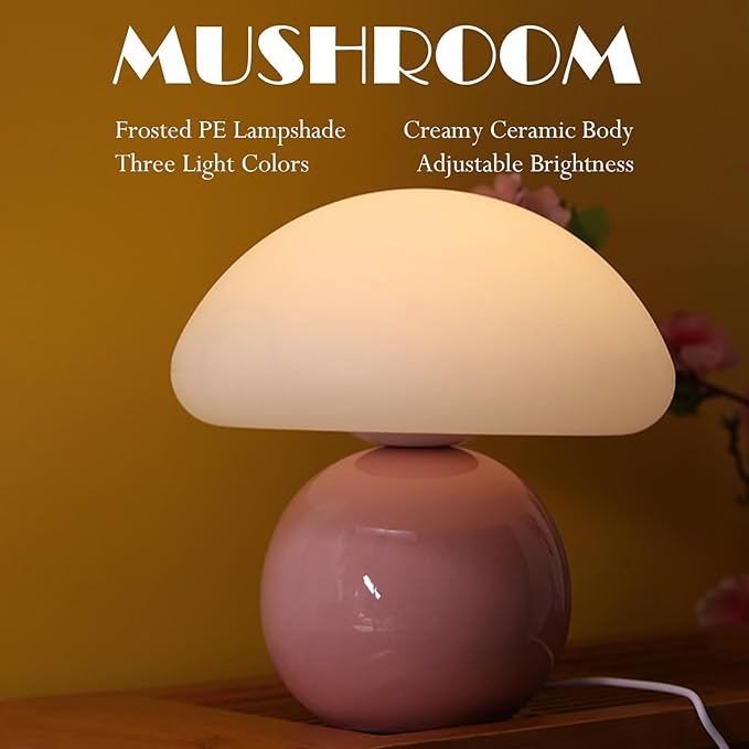 Cute Small Mushroom Lamp, PE Lampshade, Ceramic Base, Adjustable Light Color and Brightness with Power-Off Memory, Safe USB Powered, LED Mushroom Light for Bedroom Living Room (Pink)