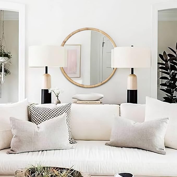 sawsile Round Wood Mirror 24" Natural Circle Wooden Nursery Farmhouse Rustic Decorative Large Wall Mirror for Bathroom,Living Room, Fireplace,Hallway