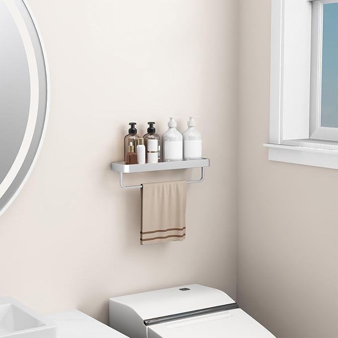 Danpoo 16 Inch Long Floating Bathroom Shelf with Towel Bar, Clear Tempered Glass Wall Shelf with Hand Towel Holder for Bathroom Storage Organizer, Matte Silver