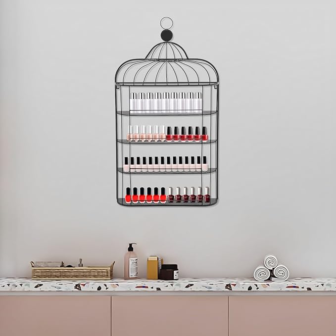 4-Tier Nail Polish Wall Racks 20 * 37 Inch Hold Up to 200 Bottles Birdcage Iron Nail Polish Shelf Organizer Wall Mounted 4 Rows (Black)