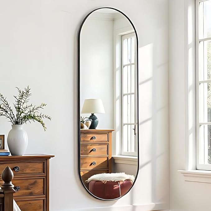OGCAU 48'' x 16'' Full Length Mirror Wall-Mounted, Full Body Hanging Mirror for Wall and Door in Bedroom, Living Room, Oval with Straps, Hanging with Aluminum Alloy Frame (Oval Black)