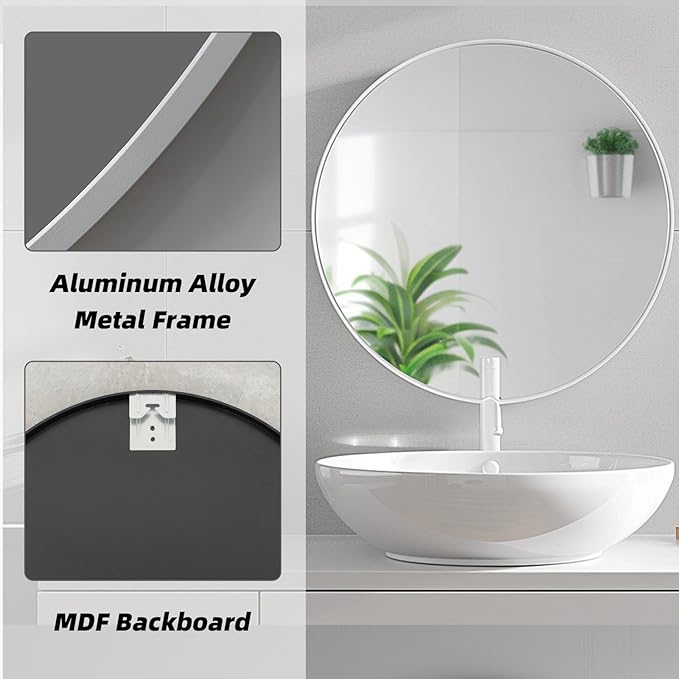Round White Mirror, 20 Inch Circle White Mirror, Metal Frame Round Wall Mounted Mirrors for Bathroom, Living Room, Bedroom, Entryway, Vanity