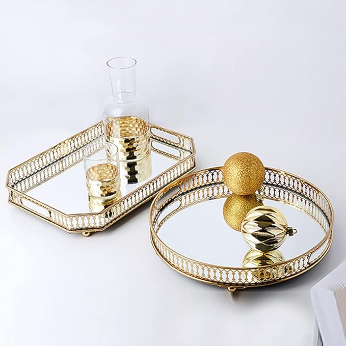 Mirrored Vanity Tray Gold Metal Perfume&Makeup Organizer Vintage Jewelry Display Storage Elegant Table Centerpiece Decorative for Dresser,Bedroom,Home Decor (Round)