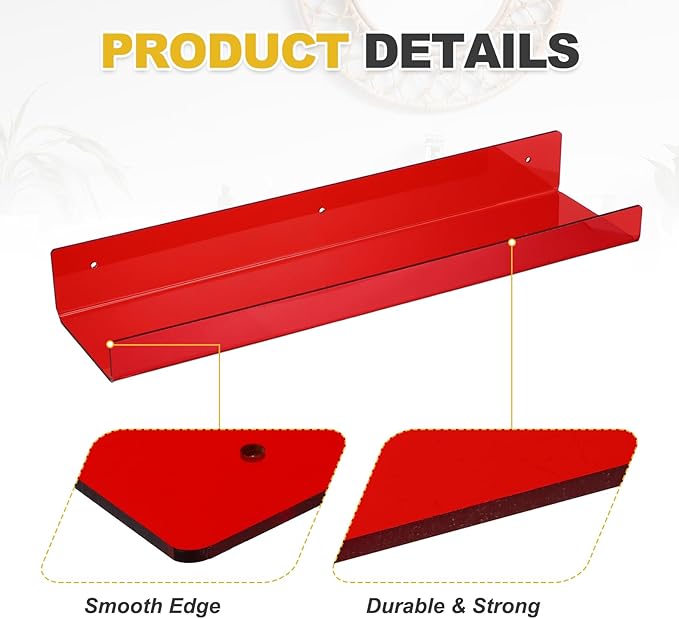 MECCANIXITY 2 Pack Acrylic Shelves for Wall, 15 Inch Red Floating Shelves Wall Mount Display Shelf Organizer for Bathroom, Bedroom, Living Room, Room Decor