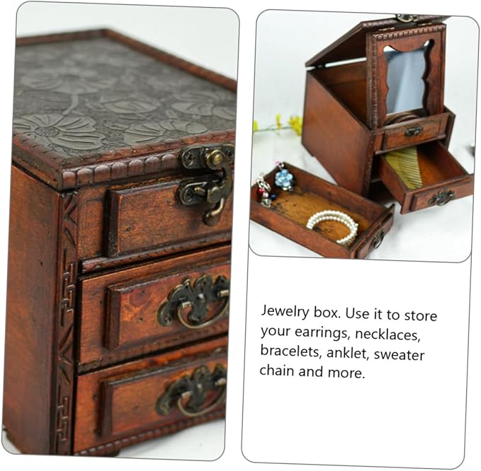 Mobestech Vintage Chinese Jewelry Box with Mirror Elegant Wooden Jewelry Organizer for Women Storage for Earrings Necklaces and Special Occasions