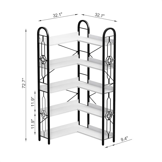 72" Corner Bookshelf, 5-Tier Tall Industrial Book Shelf, L-Shaped Bookcase with Metal Frame and Wood Laminate Shelves，Storage Display Shelving Unit for Living Room,Home Office