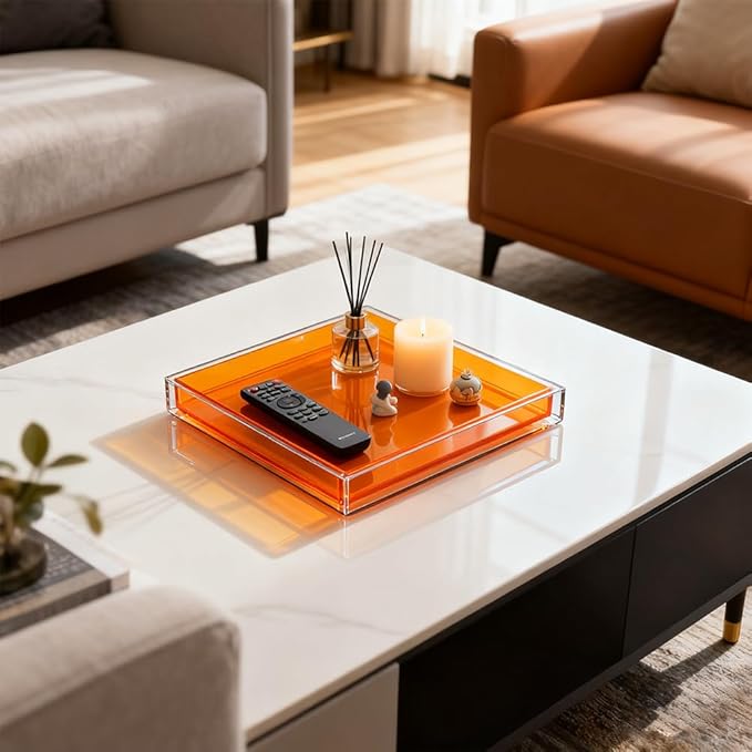 Creative Acrylic Decorative Tray, 10"x10" Modern Decorative Trays Jewelry Perfume Makeup Organizer Clear Square Bathroom Sink Vanity Tray for Bathroom, Vanity, Serving, Coffee Table, Living Room