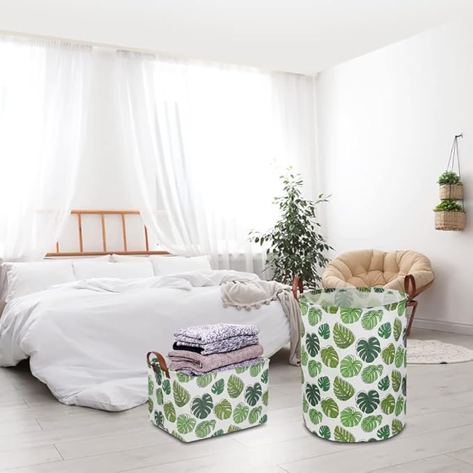 NTAOHAMPER Round Green Laundry Hamper, Jungle Themed Nursery Decor, Tropical Pattern Basket, Monstera Room Decor,Waterproof Storage Bin, Gift Basket(Leaf)