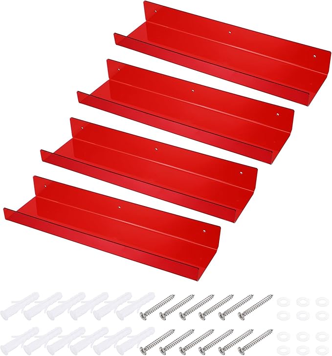 MECCANIXITY 4 Pack Acrylic Shelves for Wall, 15 Inch Red Floating Shelves Wall Mount Display Shelf Organizer for Bathroom, Bedroom, Living Room, Room Decor