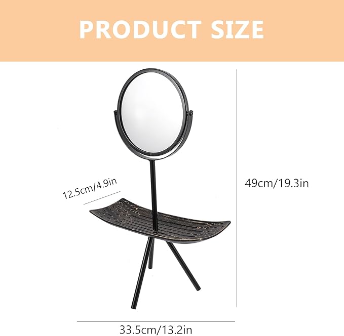 Retro Makeup Mirror for Desk with Organizer Tray, Black Rectangular Vanity Table Mirror for Bedroom and Home Use, Vintage Style Desktop Cosmetic Display and Jewelry Storage