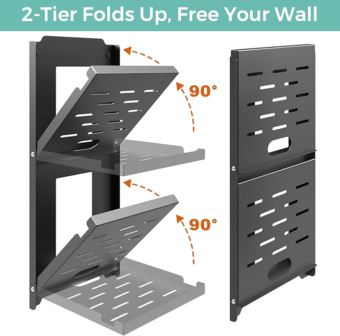 2-Tier Small Router Shelf Wall Mount - 7.5 inch Folding Metal Outlet Shelf w/Cable Holes | Dual-Layer Organize & Connect for WiFi Router and Modem | Folds Up & Stackable (7.5″ Wide)